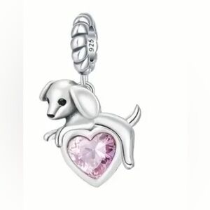 925 Sterling Silver Dog Charm Pendant with Pink Heart